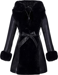 Manteau d'hiver décontracté noir à capuche pour femme avec ceinture, fermeture éclair et bordure en fausse fourrure respirante, manches longues - Product Image 1