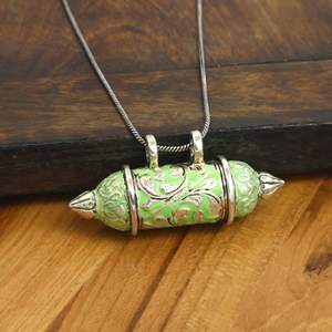 Openable Cylinder Locket Pendant Necklace Brass Antique Silver Green Enamel Floral Engraved Prayer <b>Box</b> <b>Keepsake</b> Indian Jewelry - Product Image 3