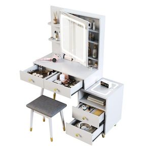 Toelette in Legno Massello con 4 Cassetti, 2 Ripiani, Specchio e Armadietto - Decorazione in Truciolato Melaminico con Rivestimento in Rame - Product Image 4