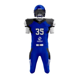 Ensemble d'uniformes de football américain en gros, bleu et noir, col en V, manches courtes, anti-humidité, impression par sublimation, maillot et pantalon pour adulte, avec LOGO - Product Image 6