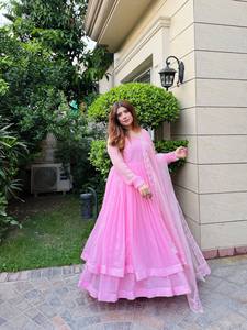Vestido Anarkali Salwar Kameez de Georgette Rosa con Bordado de Hilo, Manga Larga, para Bodas y Fiestas, para Mujer - Product Image 3