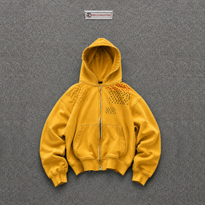 Vente en gros Sweat à capuche jaune oversize zippé coupe classique motif à pois imprimé style décontracté pour l'automne en tissu tricoté 100% coton - Product Image 5