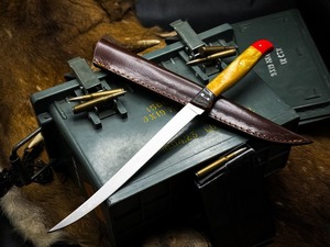 Low MOQ Hand-forged Damascus steel fillet <b>knife</b> Custom wood <b>handle</b> hunting <b>knife</b> 13" inches fillet <b>knife</b> With Leather Sheath - Product Image 1
