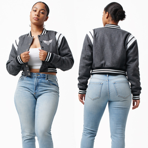 Women Cropped Varsity <b>Jacket</b> Grey Black Casual Bomber <b>Jacket</b> Streetwear Slim Fit Fashion Outerwear - Product Image 1