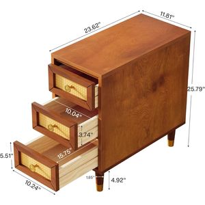Comodino stretto in legno massello a 3 cassetti stile Mid-Century con frontale in rattan per soggiorno - Product Image 5