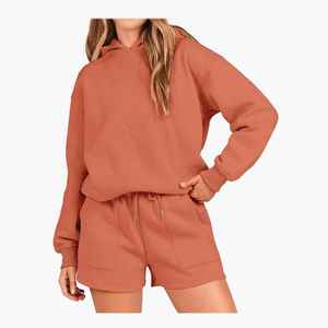 Ensemble short et sweat à capuche en toile unie pour femme 2026, 100 % coton épais, décontracté, personnalisable avec logo OEM, imperméable et respirant - Product Image 6