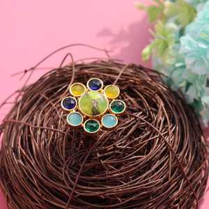 Bague fleurie multi-pierres en argent sterling 925 plaqué or 14 carats, péridot, turquoise, quartz, bijoux en pierres précieuses faits à la main pour femmes - Product Image 3