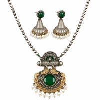 Ensemble collier et boucles d'oreilles en laiton avec pendentif en cristal de strass argenté oxydé bicolore |   Cadeau de mariage ethnique indien bohème pour femmes