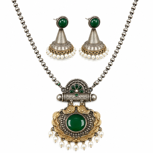 Two Tone Oxidized Silver <b>Crystal</b> Rhinestone Brass Pendant Necklace Earring Set | Indian Ethnic Bohemia Engagement Anniversary - Product Image 1