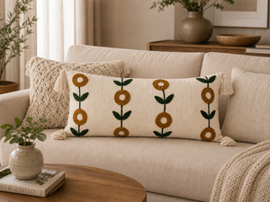 Coussin lombaire personnalisé fait main en coton avec broderie florale géométrique, style bohème, couleur moutarde, coussin d'appoint long touffeté avec pompons - Product Image 4
