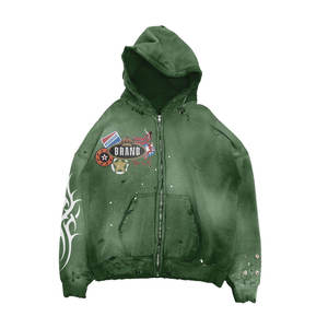 Sudadera con capucha pesada de algodón con cremallera y estampado serigrafiado, estilo streetwear, con pedrería, oversize y de moda - Product Image 4