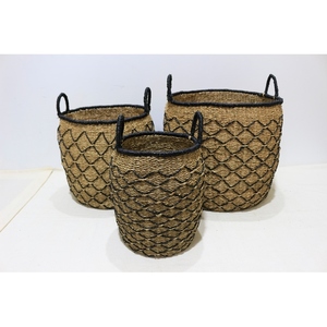 Natural Seagrass <b>Woven</b> Eco-Friendly Storage <b>Baskets</b> Set of 3 Round with <b>Black</b> Handles Rustic Design for Home Organization - Product Image 2