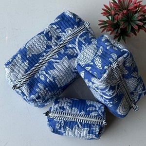 Quilted Blue Floral Cosmetic <b>Toiletry</b> Bag Set Three Layer <b>Storage</b> Pouches Multi Function Travel Organizer - Product Image 2