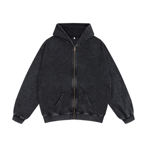 <b>Men's</b> Oversized Solid Color Hooded <b>Zip</b>-Up Sweatshirt Casual Wear 100% Cotton French Terry Washed Finish Winter Style French - Product Image 1