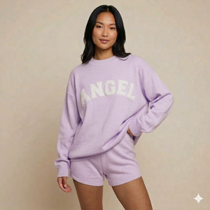 Ensemble court classique d'hiver pour femme, col montant, tissu brossé chaud, tenue deux pièces confortable et douillette pour le froid - Product Image 1