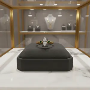 Anillo de Diamantes Marquise de Oro Amarillo Sólido de 22K con Detalles de Esmalte Verde, Joyería Fina Moderna y Minimalista para Mujer - Product Image 2