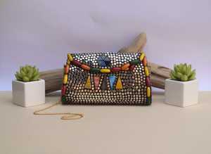 Artisan Shell Mosaic <b>Mother</b> of Pearl Clutch Bag with Removable Metal Chain - Product Image 5