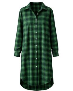 Robe chemise longue à carreaux verts personnalisée pour femme, boutonnée, coupe ample, tunique décontractée, manches longues, style flanelle en coton doux - Product Image 1