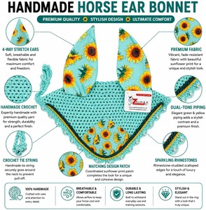 Horse Ear Bonnet for Horses, Sunflower Print <b>Fly</b> Bonnet with Crystal Edge, Handmade Crochet <b>Fly</b> Veil, Breathable Stretch Ears - Product Image 5
