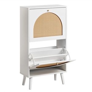 Scarpiera in Rattan con 2 Cassetti e Piedini Alti, 54x24x98cm, in Truciolato + Rattan Sintetico, Struttura Bianca + Portascarpe in Legno Naturale - Product Image 4