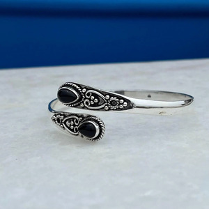 Handcrafted Black Onyx Pear Bezel Bangle, Adjustable Gemstone Jewelry - Product Image 1