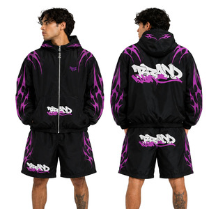 Trendy Custom Men's Printed Nylon Windbreaker Shorts Tracksuit Hooded <b>Jacket</b> Streetwear Two Piece Embroidery Patch Nylon Hoodies - Product Image 1