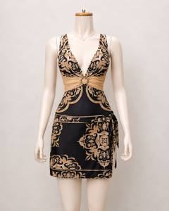 TR-SW-015 Premium Black & Gold Baroque Print One-Piece Women's <b>Swimsuit</b> with Elegant Ring Detail & Matching <b>Wrap</b> Skirt - Product Image 6