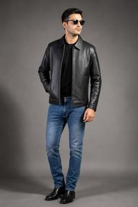 Chaqueta de Motociclista para Hombre, de Cuero de Oveja Negro, Impermeable, con Cuello Camisero, Cierre de Cremallera, Corte Ajustado, Manga Regular, para Invierno - Product Image 2