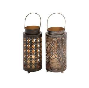 Set of 2 Black Metal Lanterns with <b>Tree</b> Design and Gold Interior Elegant <b>Outdoor</b> Candle Holders <b>Lighting</b> Decor Use Lantern - Product Image 3