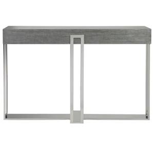 Mesa Consola Moderna Convertible con Espejo, Acabado Gris con Aspecto de Lino Texturizado, Base Geométrica de Metal Plateado para Entrada o Uso en Hoteles - Product Image 2