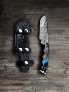 Damascus Steel Drop Point Hunting Knife With Wood Handle Blue Inlay Non Adjustable Blade Outdoor Survival <b>Tool</b> - Product Image 1
