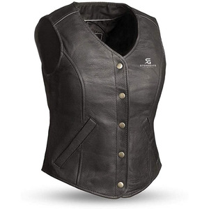 Chaleco de Motocicleta de Cuero Genuino para Mujer, Corte Ajustado, Estilo Vintage, Sin Mangas, con Cierre y Bolsillos, Ropa Casual - Product Image 1