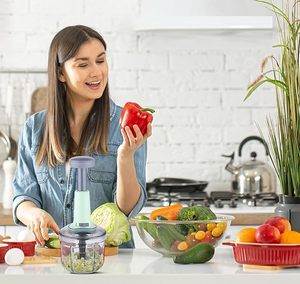 Hachoir de cuisine 1000 ml à poussoir avec 5 lames, coupe-légumes pour couper les légumes, l'oignon, le gingembre, l'ail, la salade - Product Image 4