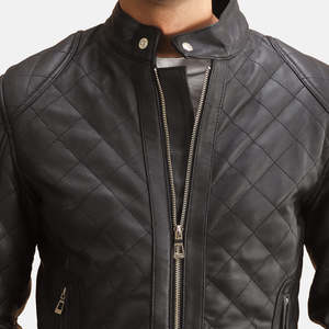 Blouson moto en cuir noir pour homme, col montant, fermeture éclair, coupe ajustée, pour l'automne, manches classiques, couleur unie - Product Image 4