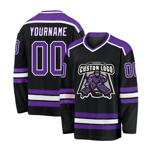 Wholesale Custom Logo <b>Men's</b> <b>Black</b> Ice Hockey Jersey V-Neck Full Sleeve Sublimated Print Polyester Apparel - Product Image 2