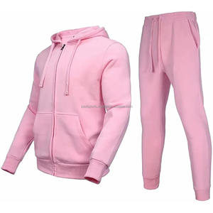 Ensemble de survêtement deux pièces pour homme, survêtement zippé pour homme, couleur unie rose personnalisée, molleton de coton, coupe ajustée, sweat-shirts à cordon plat et pantalons amples - Product Image 1