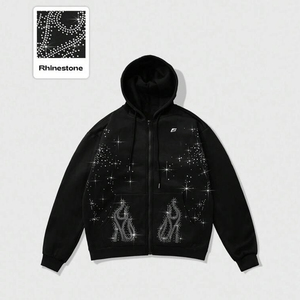 เสื้อฮู้ดดี้ผ้าฝ้ายฟลีซแบบซิปประดับเพชรเทียมสำหรับทุกเพศทุกวัย ขายส่ง เสื้อฮู้ดดี้โอเวอร์ไซส์ สไตล์สตรีทแวร์ ผลิตจำนวนมาก เสื้อฮู้ดดี้ผู้ชาย - Product Image 1