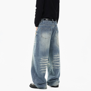 Jeans de mezclilla para hombre, de corte recto, lavado a la piedra, tiro medio, ajuste holgado, transpirables, lisos, con bordado ODM y patchwork, estilo streetwear, de algodón - Product Image 3