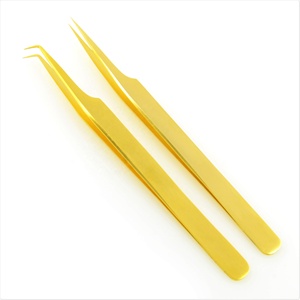 Pinzas de extensión de pestañas doradas con agarre de diamante, punta de fibra de acero inoxidable recta de 90 grados, pestañas perfectas de punta fina afilada - Product Image 1