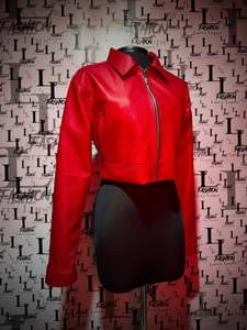 เสื้อแจ็คเก็ตหนังวินเทจสีแดงทรงครอปสำหรับผู้หญิงสไตล์สตรีทแวร์ - Product Image 2