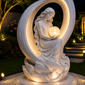 Statue décorative d'extérieur en pierre blanche, boule de lune lumineuse, sculpture de jardin déesse de la lune, design zen asiatique, artisanat religieux LED - Product Image 2
