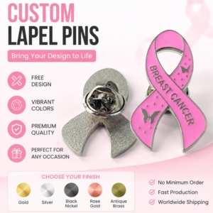 Broches personnalisées en gros avec ruban <span class=keywords><strong>rose</strong></span> pour la sensibilisation au cancer du <span class=keywords><strong>sein</strong></span>, événements caritatifs et campagnes d'<span class=keywords><strong>octobre</strong></span>, badges métalliques - Product Image 1