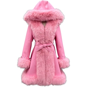 Manteau en cuir de luxe pour femmes, col en fourrure, ceinture, long manteau d'hiver, fournisseur de vêtements sur mesure de qualité supérieure en gros - Product Image 1