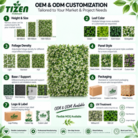 Panel Dinding Rumput Buatan 50x50cm Dinding Daun Hijau Palsu Dengan Dedaunan Campuran Bahan PE Tahan UV untuk Dalam dan Luar Ruangan