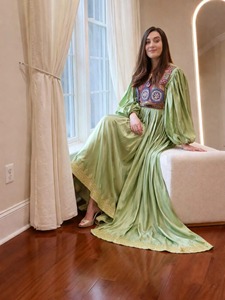 Light Green Afghan Embroidered Maxi Dress Boho Casual Long Sleeve Ethnic Women Fashion Party Wear - Product Image 2