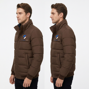 Men's Brown Puffer <b>Jacket</b> Stand Collar Zipper Closure Windproof Insulated Casual Winter 100% Polyester Material - Product Image 2