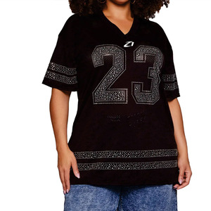 Trendy Custom Plus Size Number Rhinestone Mesh American Football Jersey Women Oversized V Neck Streetwear Sports <b>Top</b> OEM Supply - Product Image 3