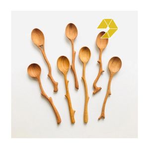 Cuillères à thé en bois fantaisie à motif de dessin animé, manche en branche naturelle, design minimaliste écologique, spatule pour café et thé - Product Image 1
