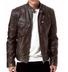 Veste moto en cuir véritable marron pour homme, col montant, fermeture éclair, coupe ajustée, longueur normale, couleur unie, doublure en coton - Product Image 6