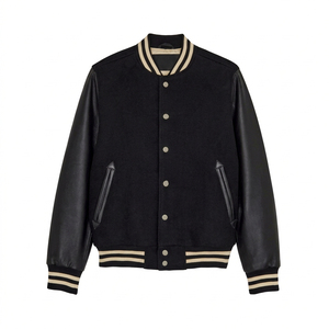 Veste varsity noire pour homme, corps en laine, manches en cuir PU, boutons pression, style baseball, coupe classique confortable, automne - Product Image 1